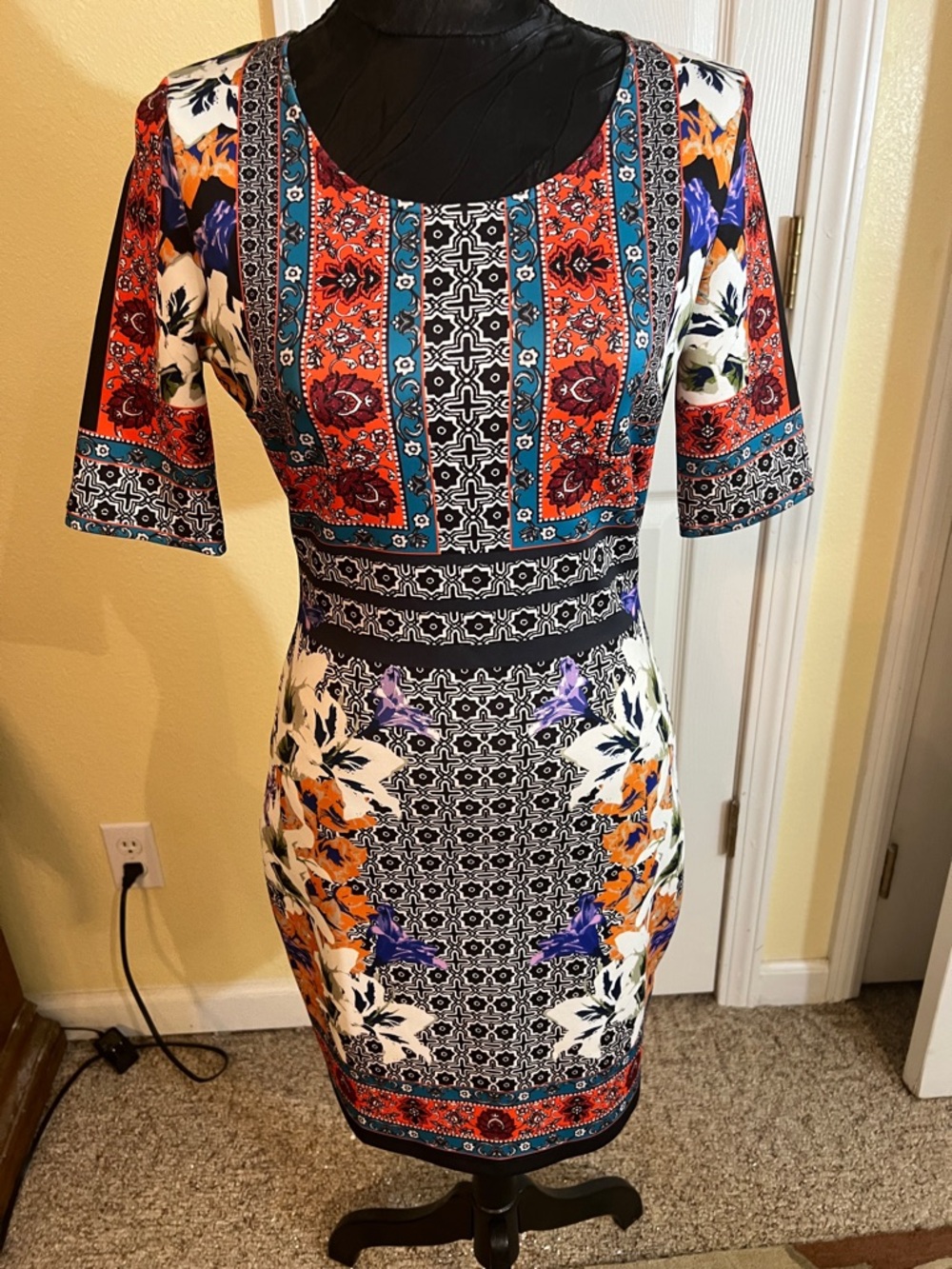 Alya Multicolor Floral & Geometric Midi Dress - Red, Blue, Orange, Purple, Black